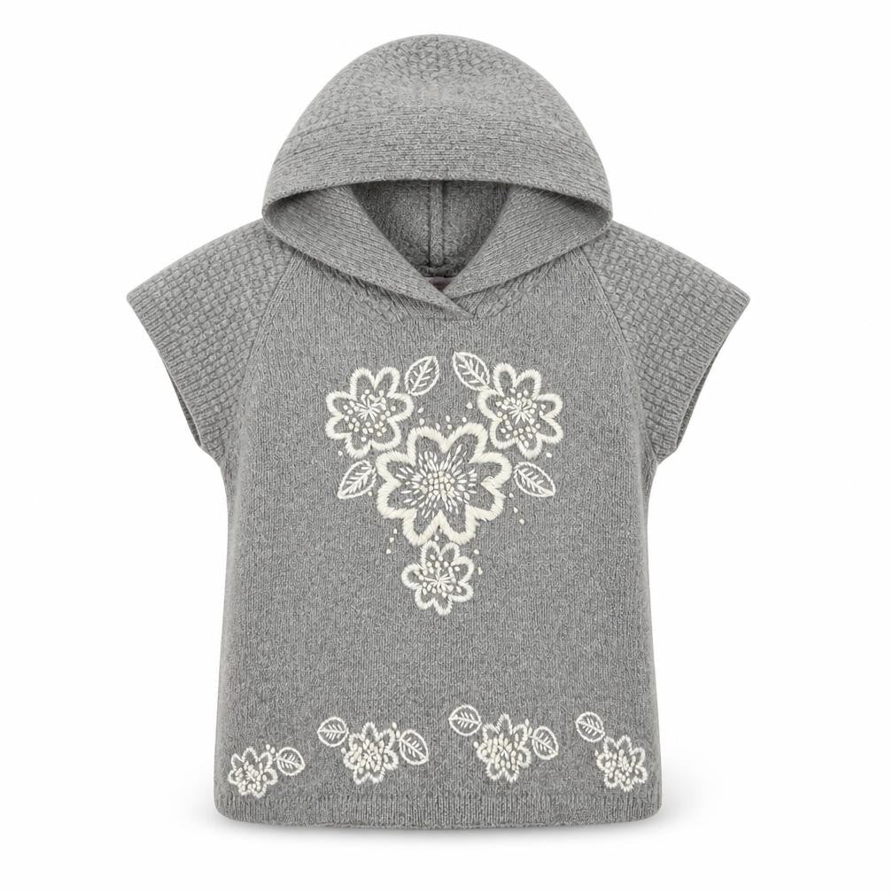 Front view of Monsoon girls’ grey round neck wool jumper, size L, pullover - floral detail