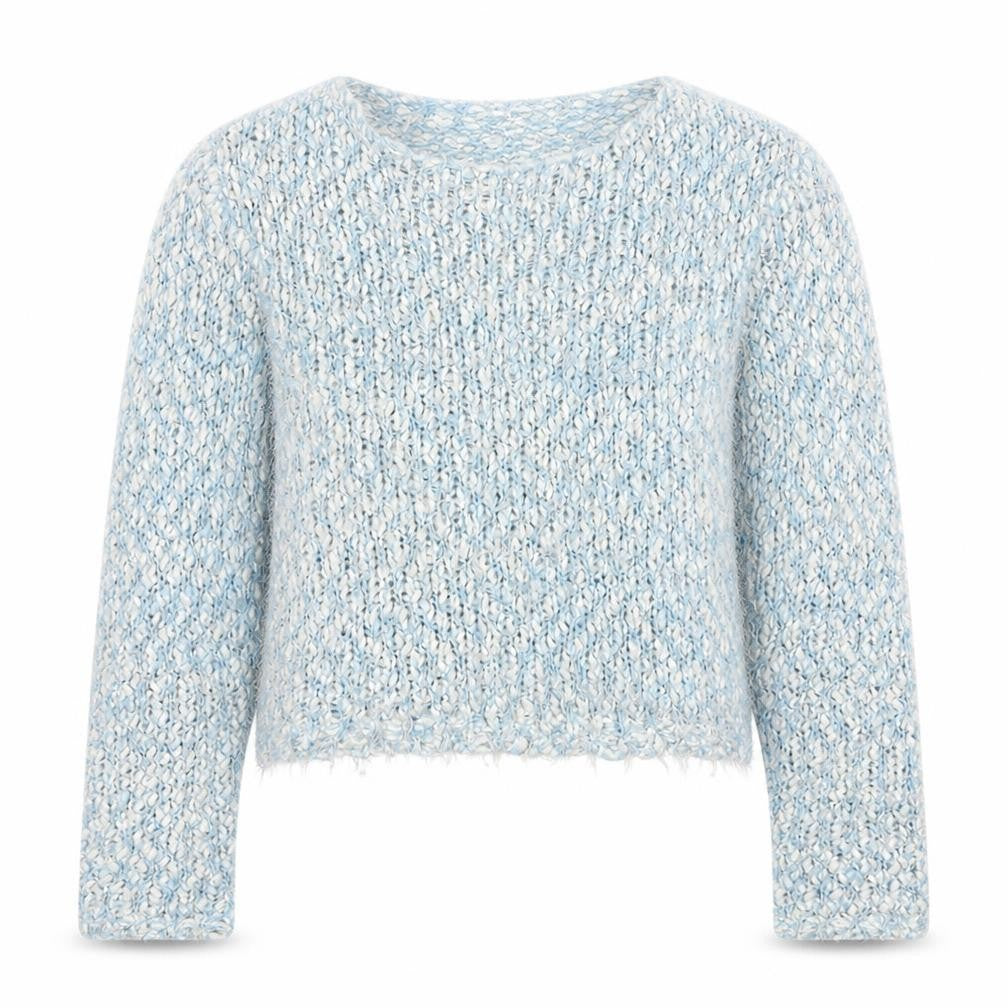 Front view of New Look girls’ blue boat neck polyester jumper, size 12-13, years pullover