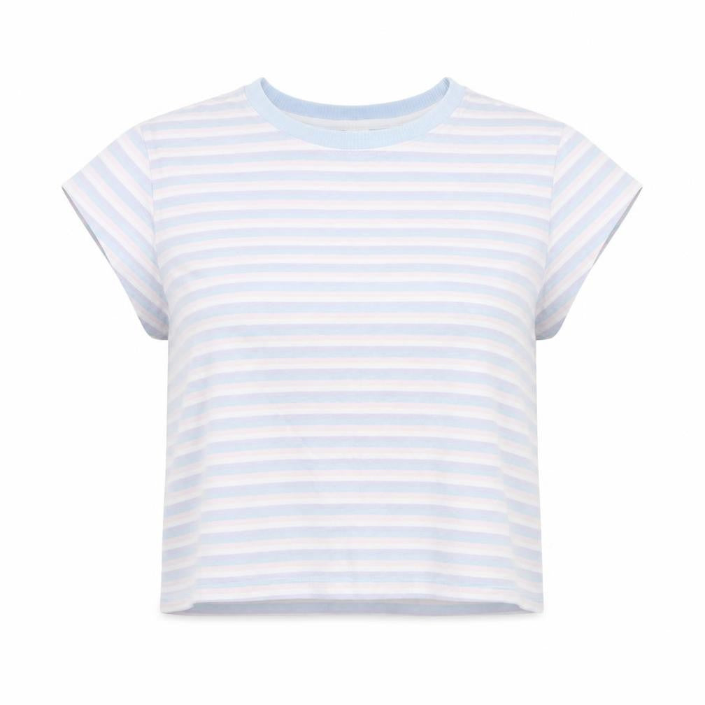 Front view of Divided by H&M women’s multicoloured striped cotton basic t-shirt, size M, round neck