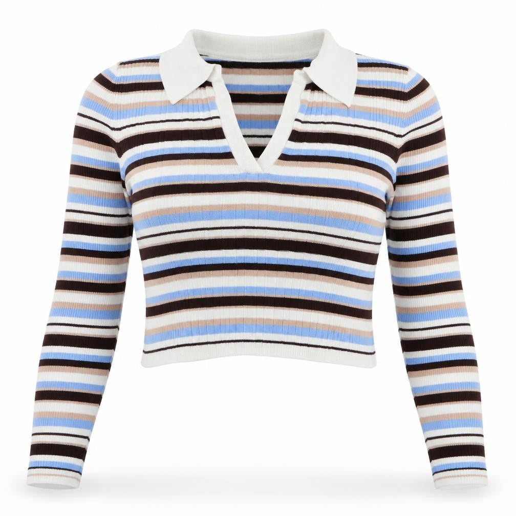 Front view of Miss Selfridge women’s multicoloured collared striped viscose jumper, size UK 12