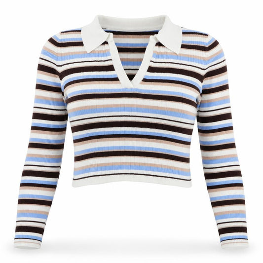Front view of Miss Selfridge women’s multicoloured collared striped viscose jumper, size UK 12