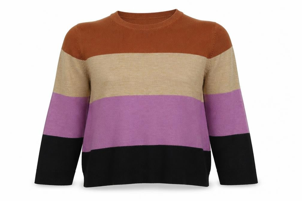 Front view of Marks & Spencer women’s multicoloured round neck striped acrylic jumper, size UK 14