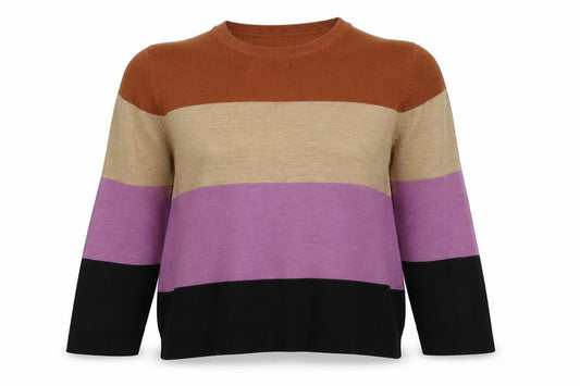 Front view of Marks & Spencer women’s multicoloured round neck striped acrylic jumper, size UK 14