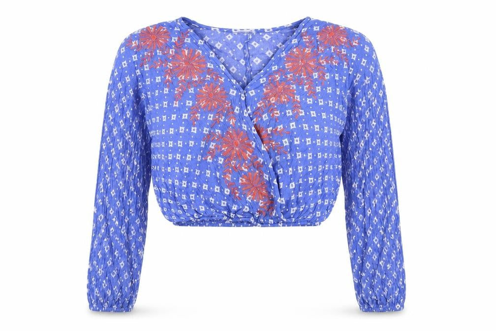 Front view of Chloe & Katie women’s blue geometric viscose basic blouse, size XS, v-neck