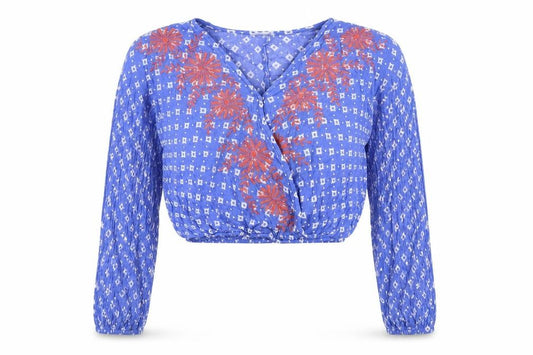 Front view of Chloe & Katie women’s blue geometric viscose basic blouse, size XS, v-neck