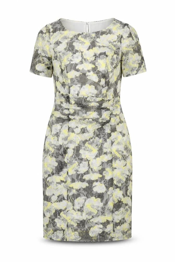 Front view of Marks & Spencer women’s grey geometric polyester shift, size UK 12, round neck button