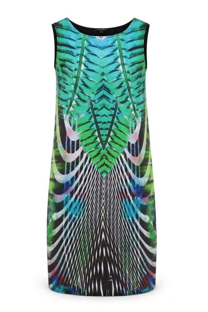 Front view of River Island women’s multicoloured geometric polyester tank dress, size UK 8, round neck pullover