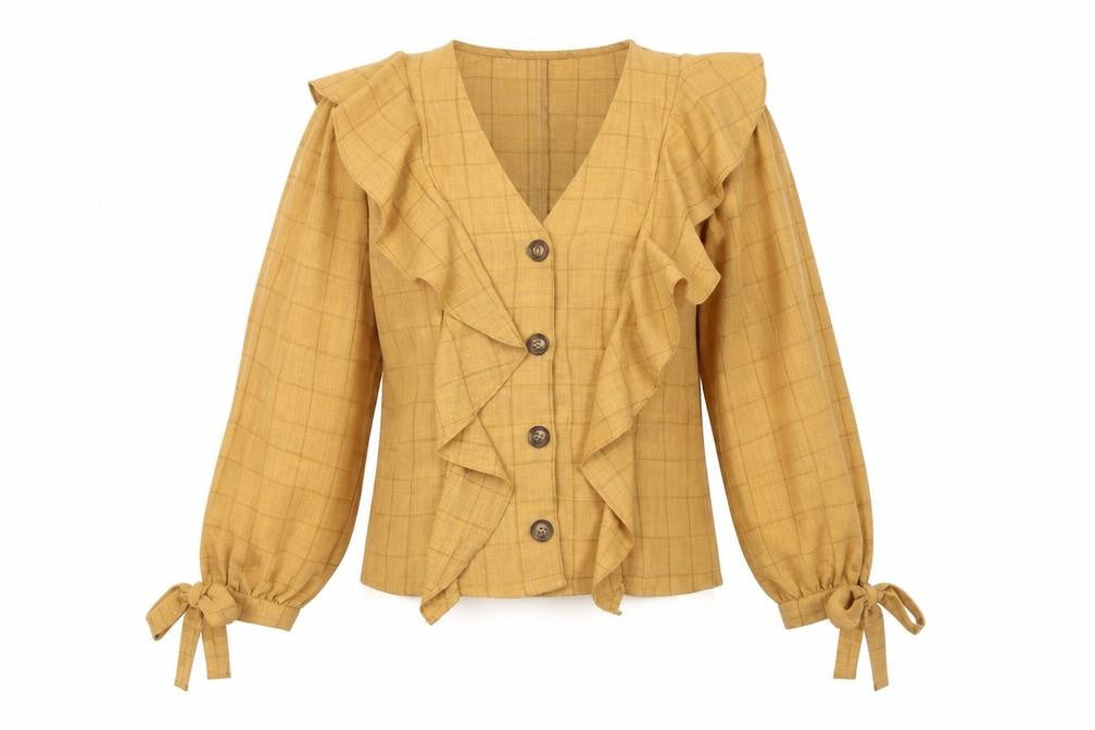Front view of Boohoo women’s beige check polyester basic button-up, size UK 6, v-neck