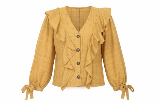 Front view of Boohoo women’s beige check polyester basic button-up, size UK 6, v-neck