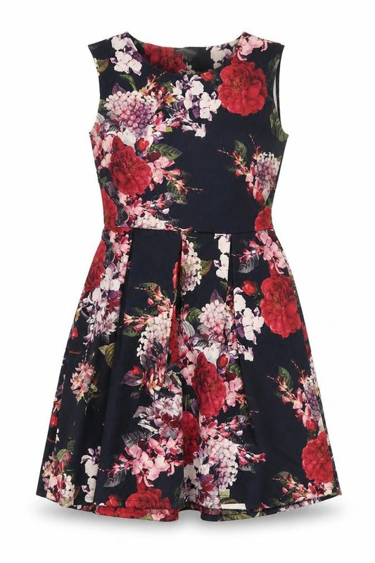 Front view of Warehouse women’s black floral polyester a-line, size UK 12, boat neck pullover