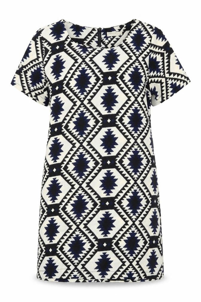 Front view of Vera & Lucy women’s white geometric polyester shift, size M, boat neck zip