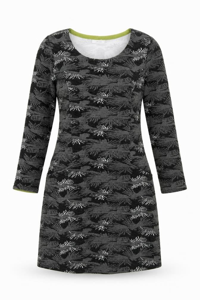 Front view of Adini women’s grey geometric polyester sheath, size XS, scoop neck pullover