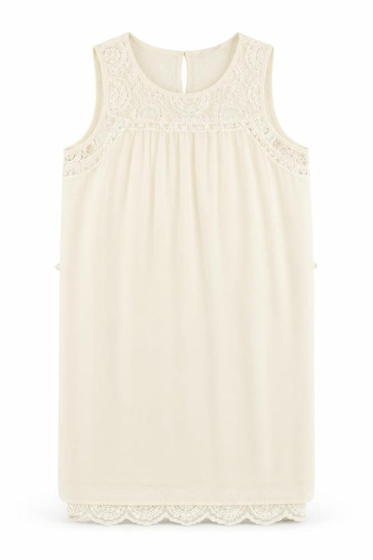 Front view of Forever 21 women’s ivory polyester shift, size S, boat neck button - crocheted lace detail