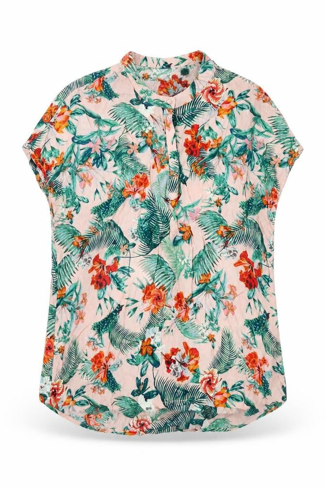 Front view of Soaked in Luxury women’s pink geometric viscose basic blouse, size L, v-neck