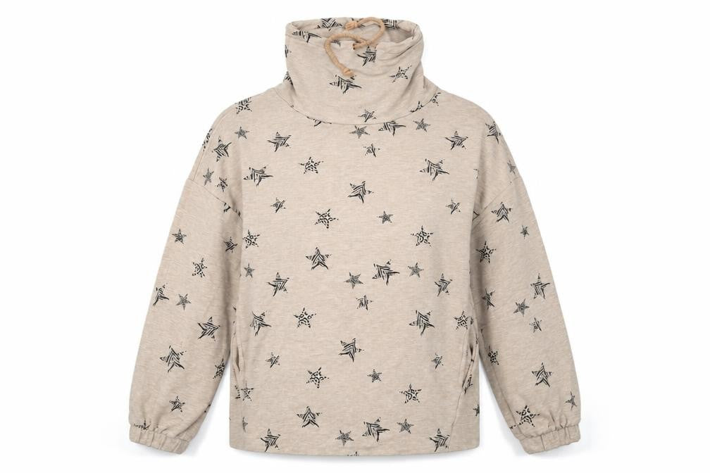 Front view of Marks & Spencer women’s beige geometric viscose pullover sweatshirt, size UK 12, pullover - star pattern