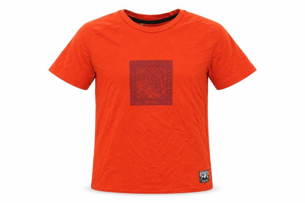 Front view of Decathlon boys’ orange cotton pullover t-shirt, size 5-6, years round neck pullover