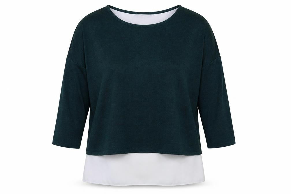 Front view of Dorothy Perkins women’s green polyester basic blouse, size UK 14, boat neck - layered