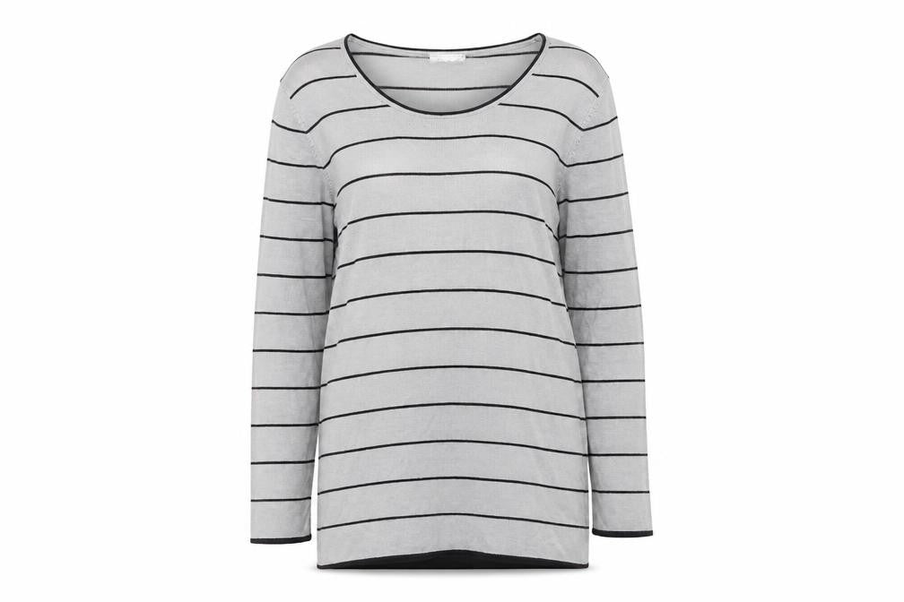 Front view of BHS women’s grey round neck striped acrylic jumper, size UK 12