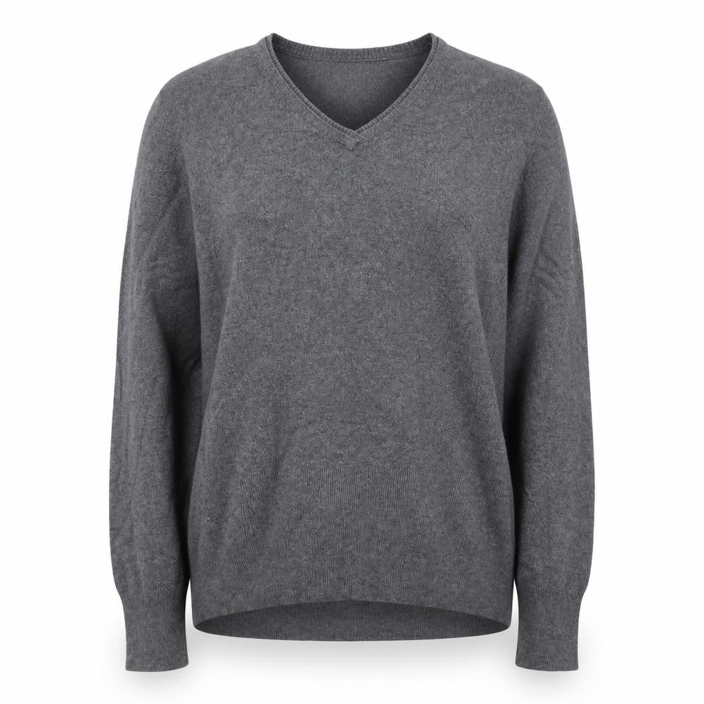 Front view of Debenhams women’s grey v-neck viscose jumper, size UK 18
