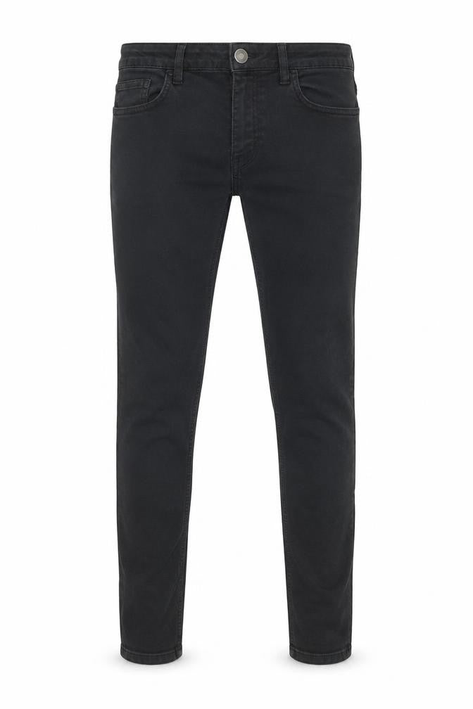 Front view of Hera men’s black cotton skinny jeans, size 30, in regular zip