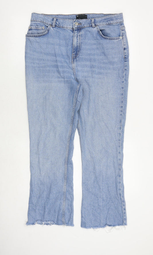 Front view of ASOS women’s blue cotton bootcut jeans, size UK 34, in regular zip - distressed hems