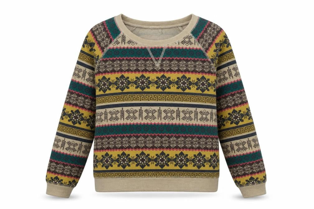 Front view of XXI women’s multicoloured geometric polyester pullover sweatshirt, size S, pullover