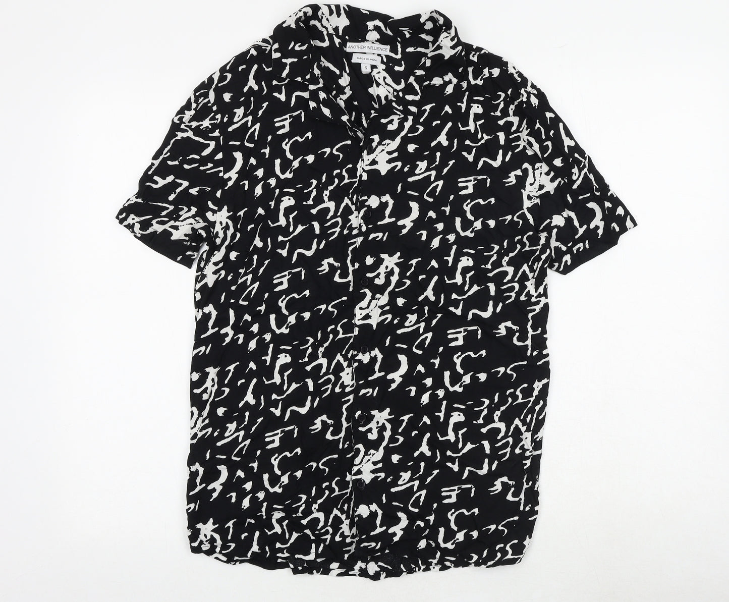 Another Influence Mens Black Geometric Viscose Button-Up Size S Collared Button