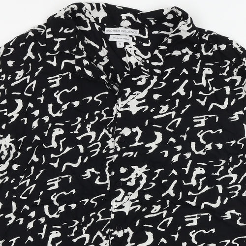 Another Influence Mens Black Geometric Viscose Button-Up Size S Collared Button