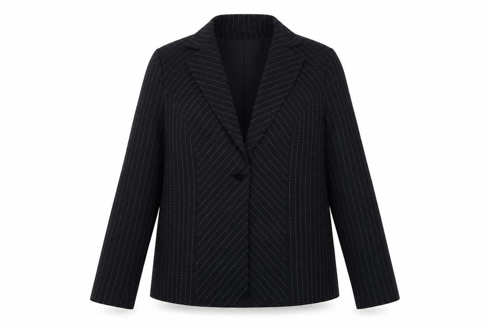 Front view of Offshoot women’s black striped polyester jacket blazer, size UK 16