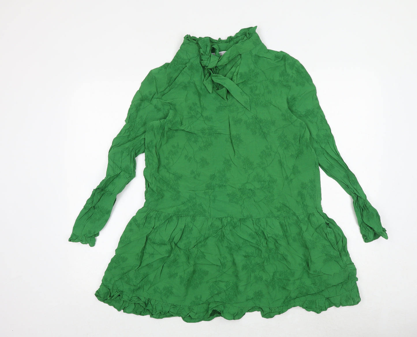 & Other Stories Womens Green Floral Viscose Mini Size 10 Mock Neck Tie