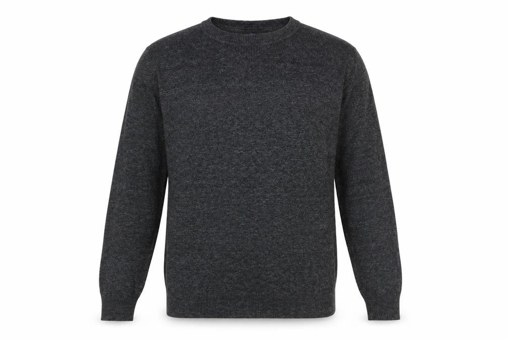Front view of H&M men’s grey round neck cotton jumper, size M, long sleeve