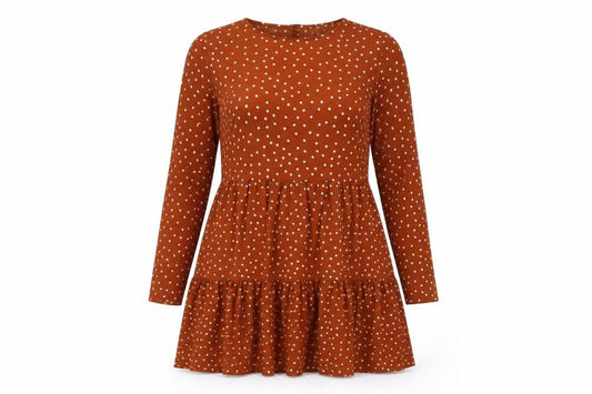 Front view of ASOS women’s brown polka dot polyester skater dress, size UK 8, round neck button