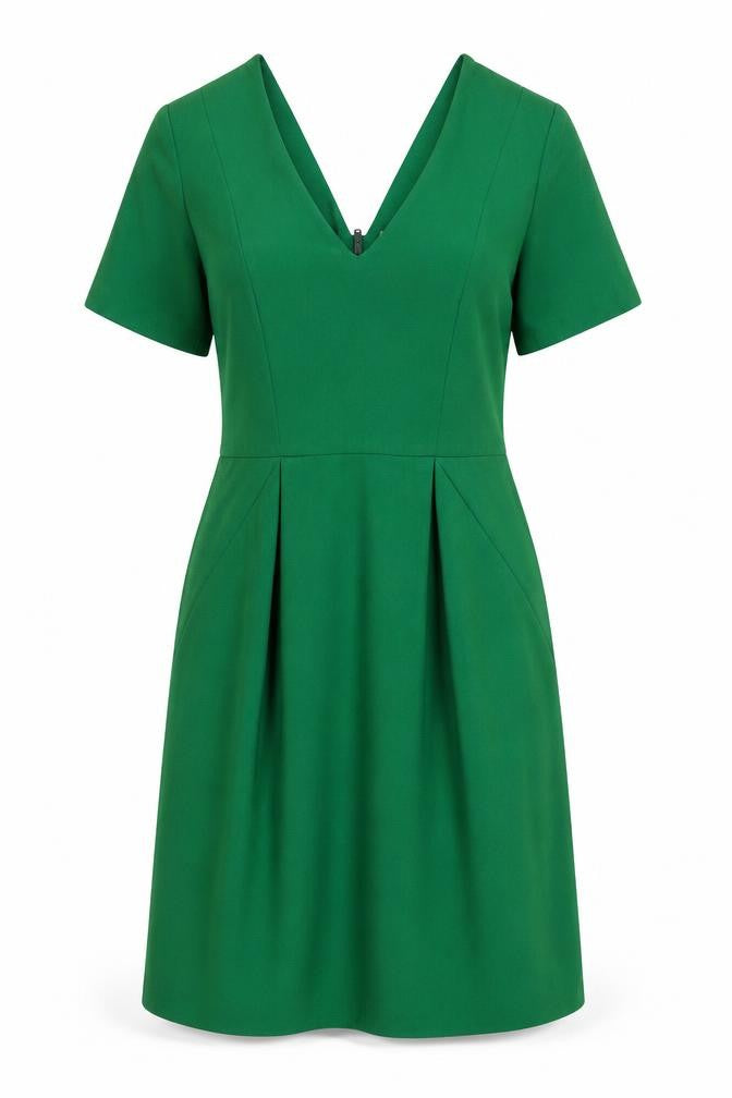Front view of H&M women’s green polyester a-line, size UK 8, v-neck zip
