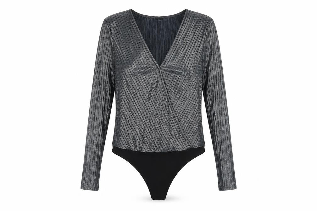 Front view of River Island women’s silver polyester bodysuit one-piece, size UK 10, snap - wrap style