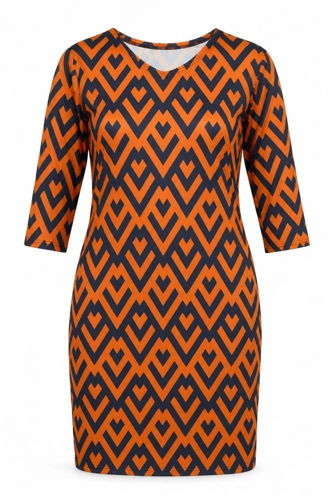 Front view of Ottilie Pop women’s orange geometric polyester a-line, size UK 10, round neck pullover