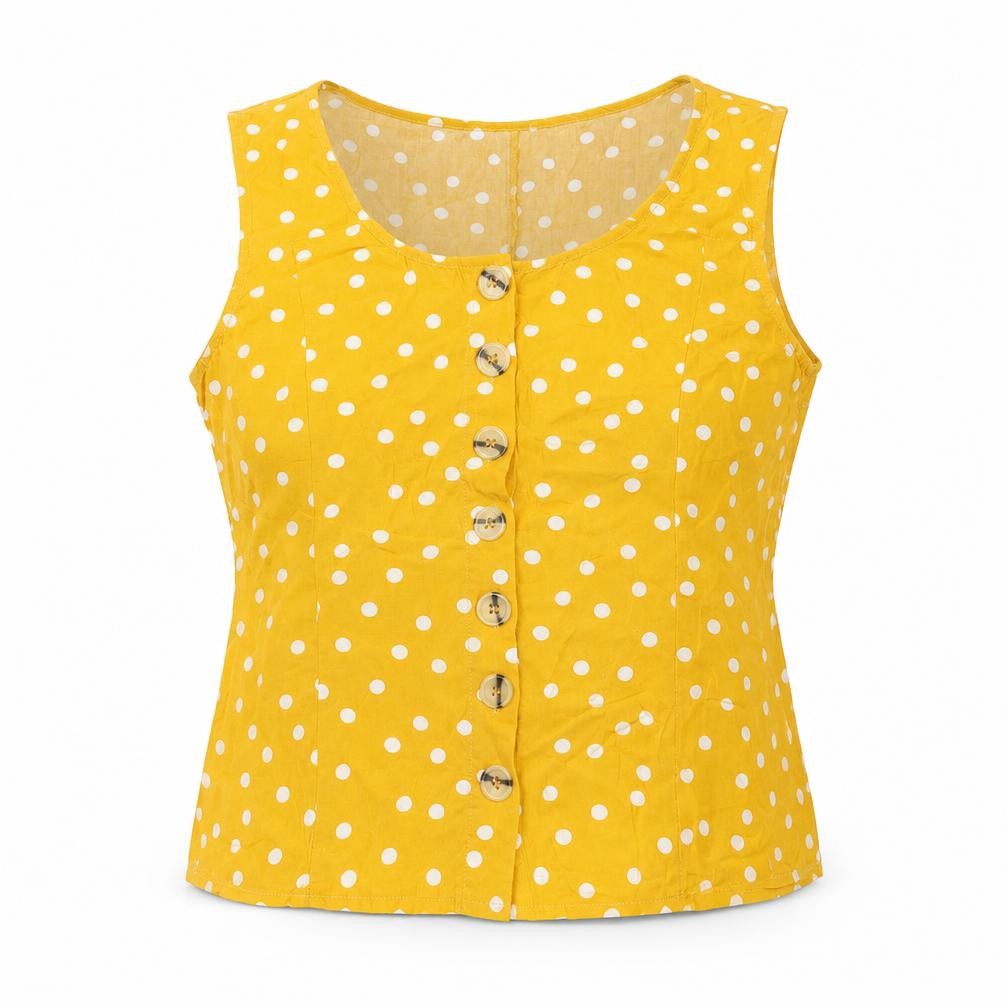 Front view of Warehouse women’s yellow polka dot viscose basic button-up, size UK 10, boat neck