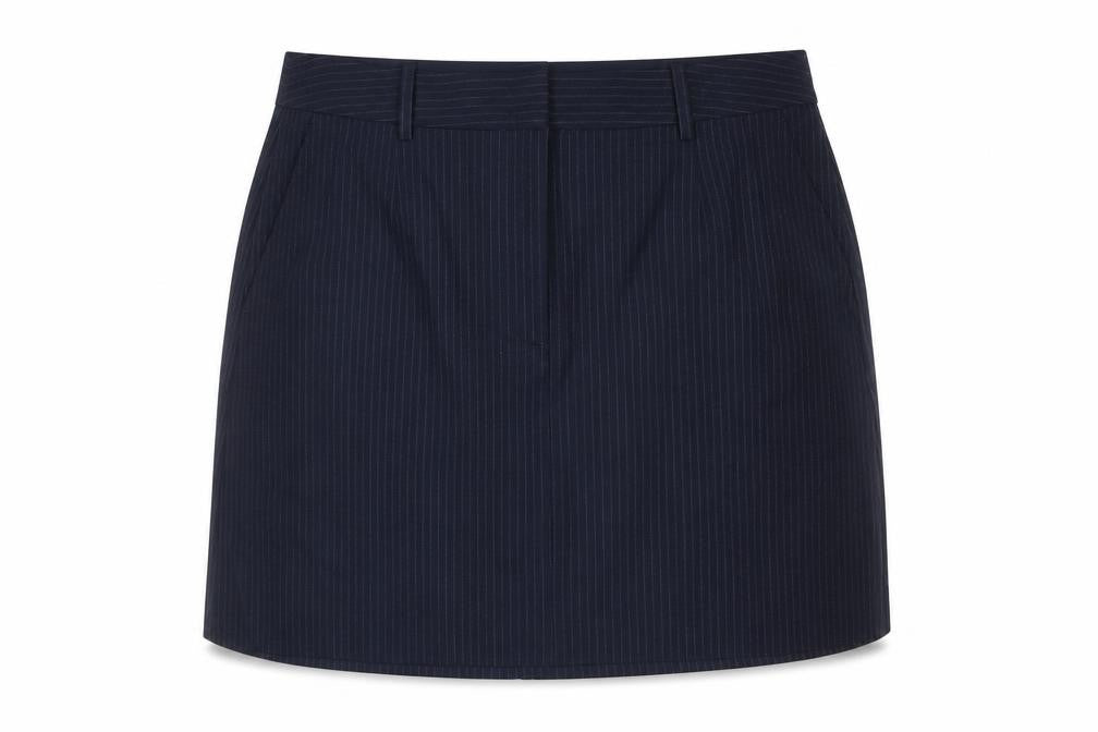 Front view of Marks & Spencer women’s blue striped polyester a-line skirt, size UK 18, zip