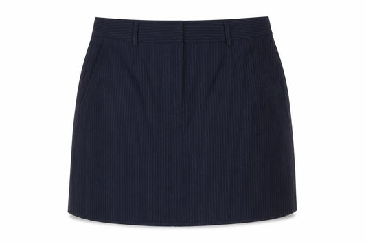 Front view of Marks & Spencer women’s blue striped polyester a-line skirt, size UK 18, zip