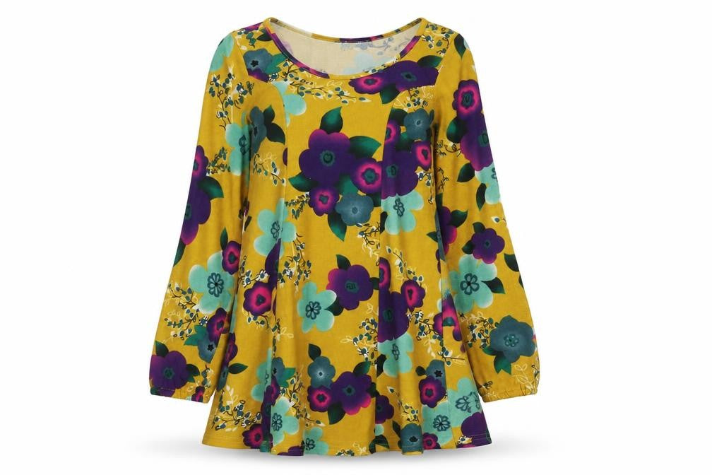 Front view of Indulgence women’s multicoloured floral wool trapeze & swing, size S, round neck pullover -, size S-m
