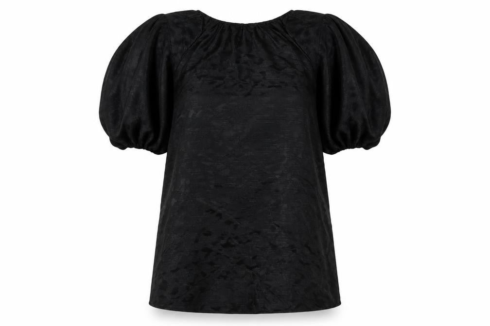Front view of Marks & Spencer women’s black geometric polyester a-line, size UK 14, round neck button