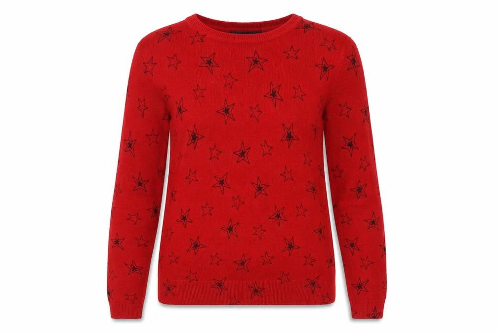 Front view of Marks & Spencer women’s red round neck geometric acrylic jumper, size UK 10, - star pattern