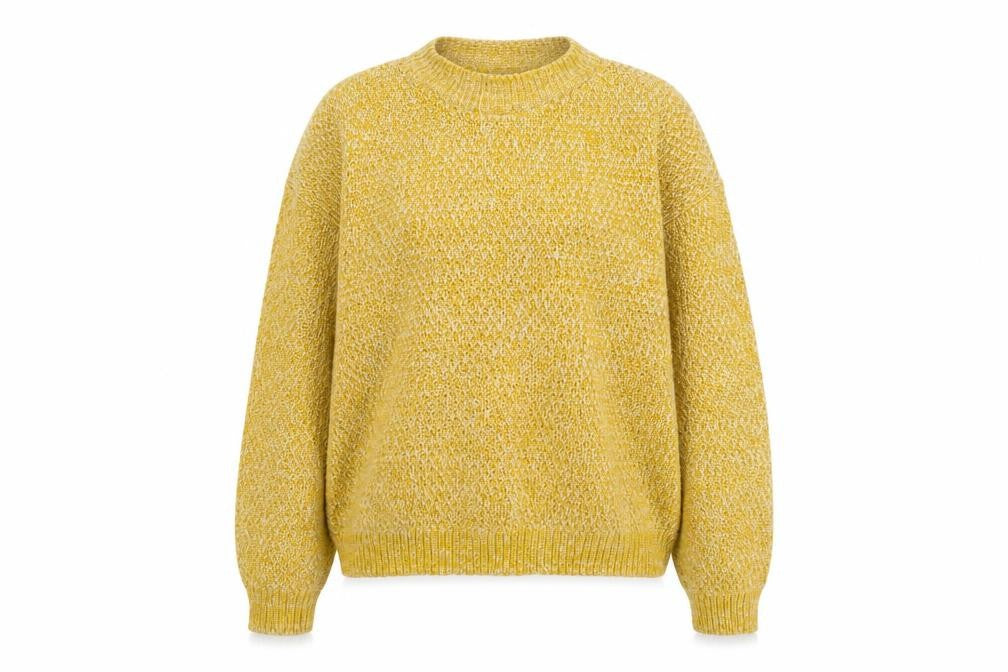 Front view of Boohoo women’s yellow round neck acrylic jumper, size M