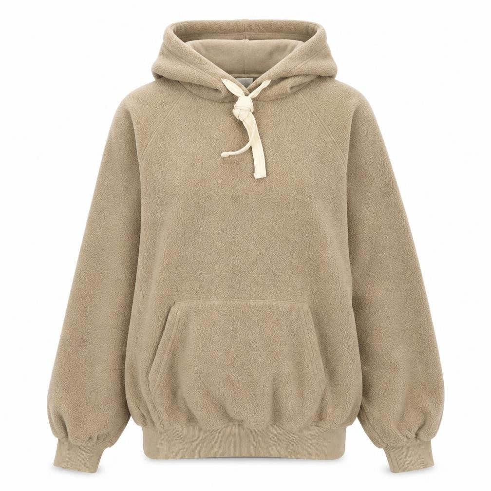Front view of H&M women’s beige polyester pullover hoodie, size XS, pullover