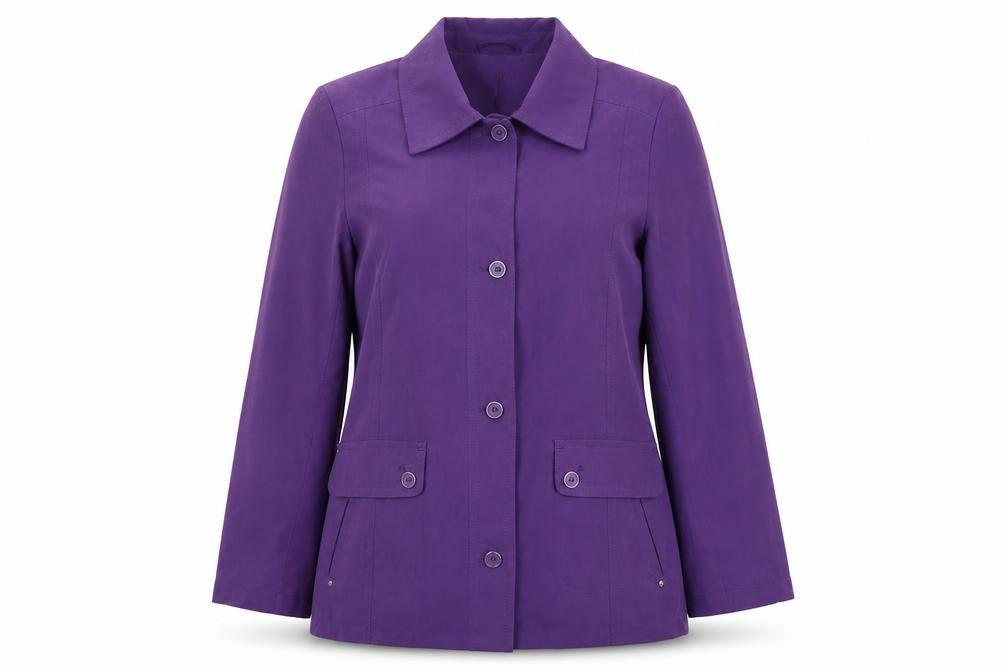 Front view of EWM women’s purple pea coat coat, size UK 12, button