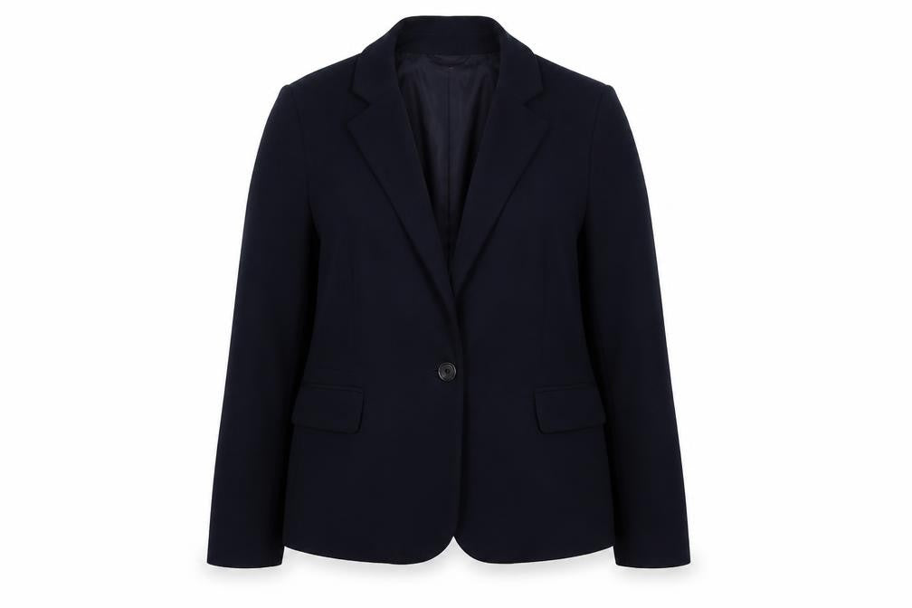 Front view of New Look women’s blue polyester jacket blazer, size UK 14