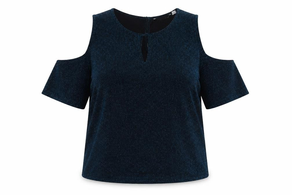 Front view of Dorothy Perkins women’s blue geometric nylon basic tank, size UK 16, round neck - cold shoulder