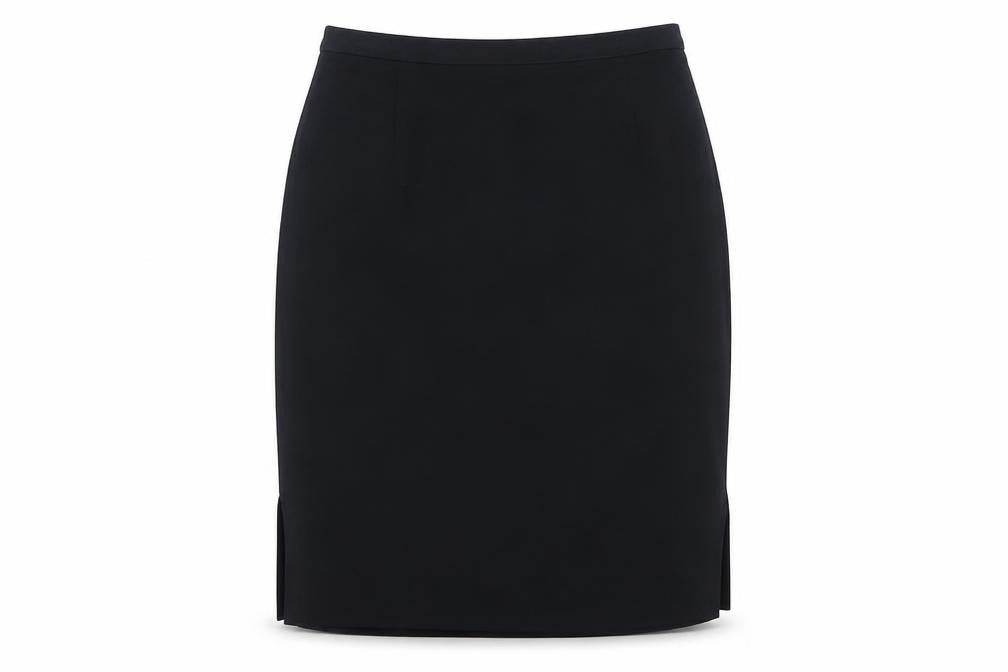 Front view of Marks & Spencer women’s blue polyester a-line skirt, size UK 12, zip