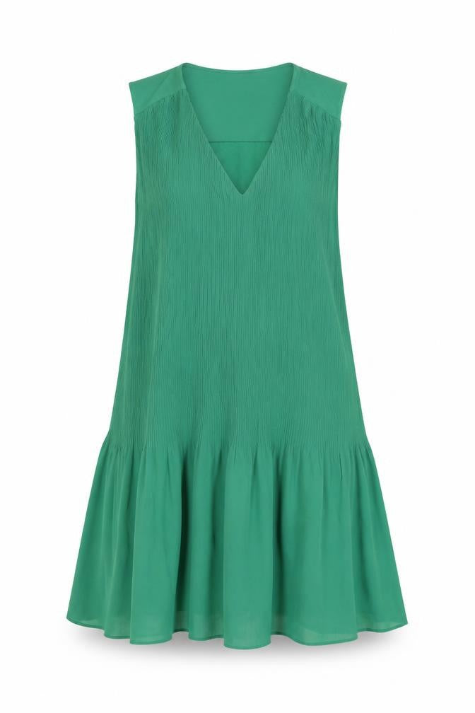 Front view of H&M women’s green polyester skater dress, size S, v-neck pullover