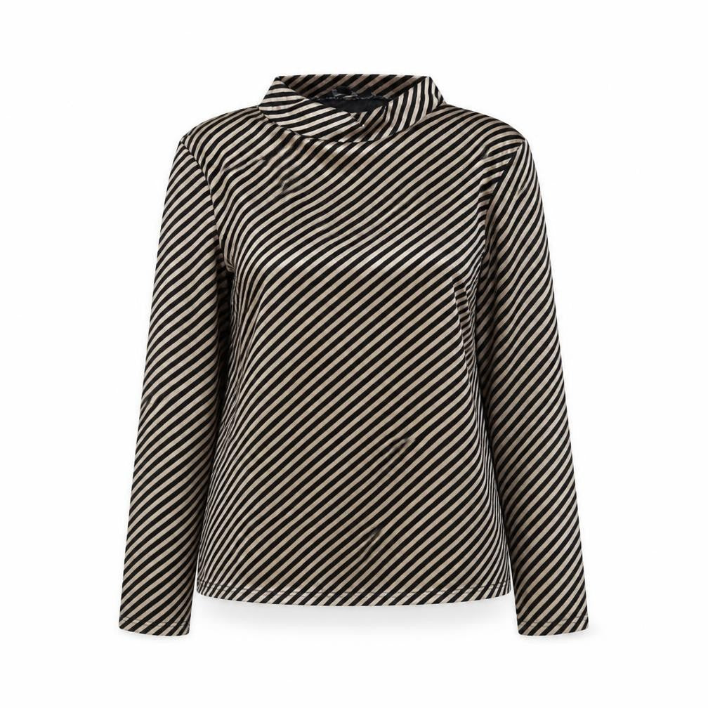 Front view of Aikha women’s black striped polyester basic blouse, size L, mock neck