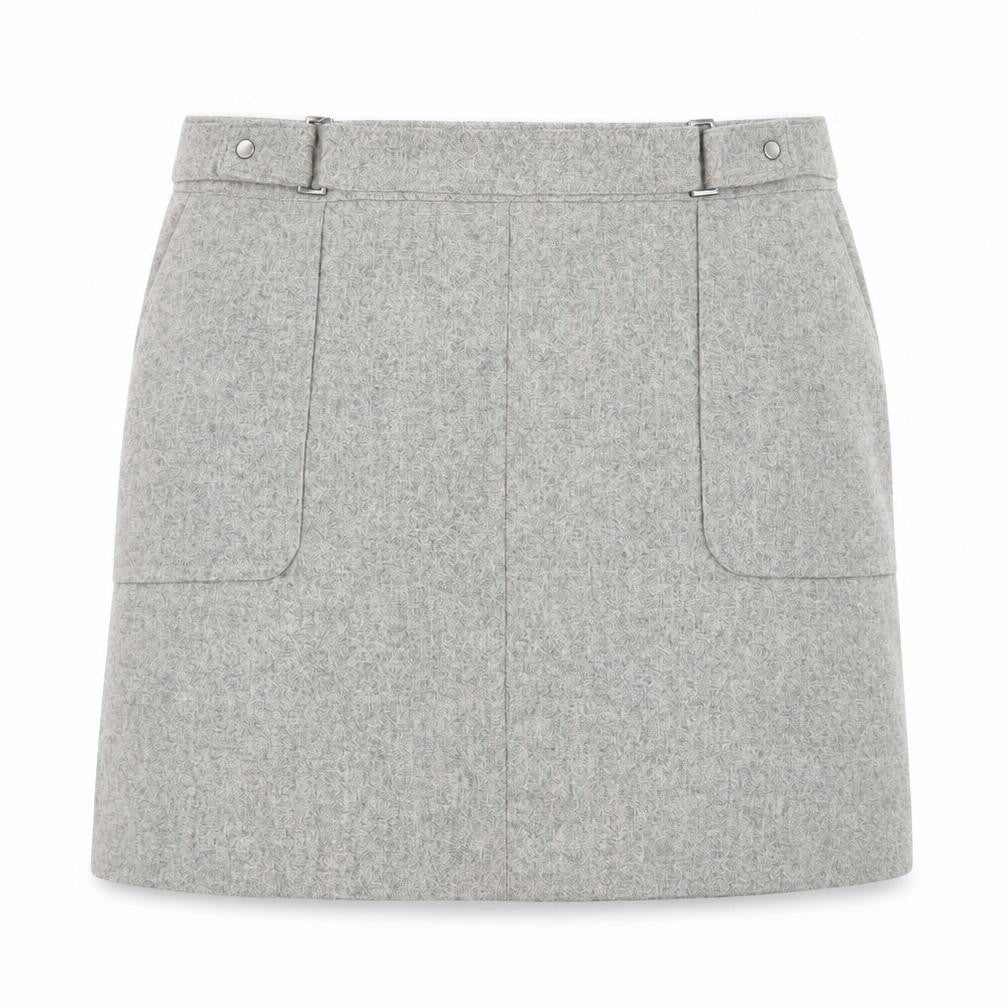 Front view of Mint Velvet women’s grey wool a-line skirt, size UK 14, zip